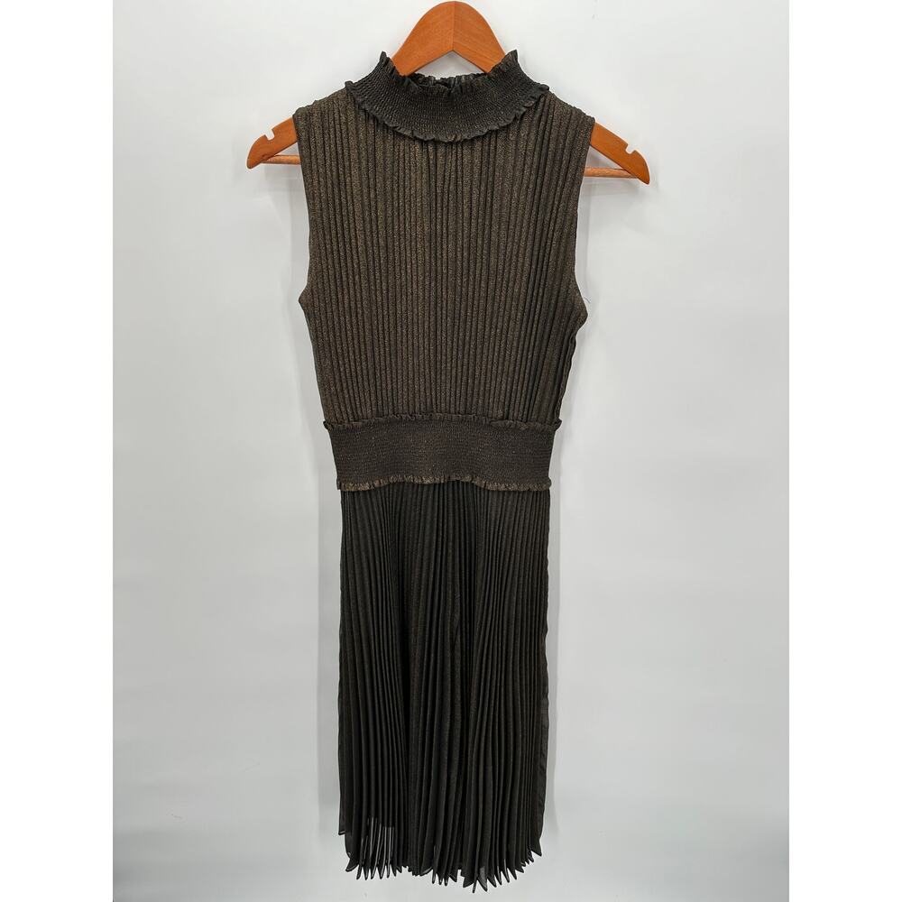 NANETTE LEPORE Black Gold Metallic Pleated High Neck Party Night Out Dress // 4 - Picture 2 of 14